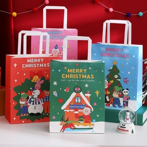 Christmas Gift Bags White Kraft Paper Handle Handheld Cartoon Santa Claus Snowman Reindeer Holiday Gift Packaging
