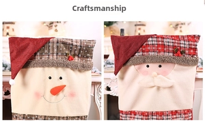 Close-up of Christmas chair covers with snowman and Santa 3D crafts and plaid details