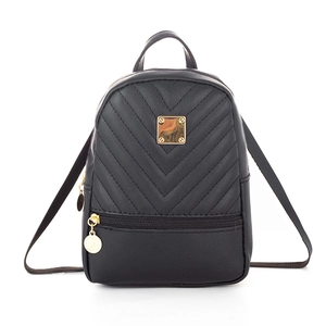 Mini black PU leather backpack with V-quilt stitching and elegant gold metal hardware