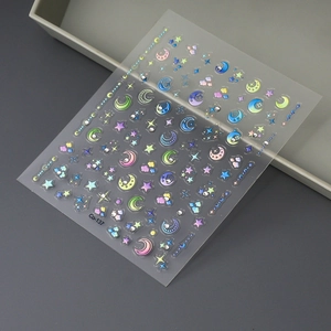 3D macaron star and moon nail stickers with embossed relief and glittering rhinestones