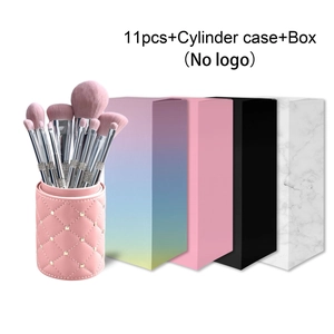 Detailed set of 11 makeup brushes with pink cylinder case and multi-color gift boxes