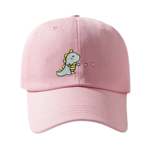 Pink cotton baseball cap with embroidered light blue dinosaur and hearts on a white background