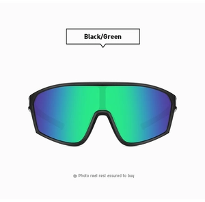 Detail of sports sunglasses with large black frame and green-blue gradient mirrored lens