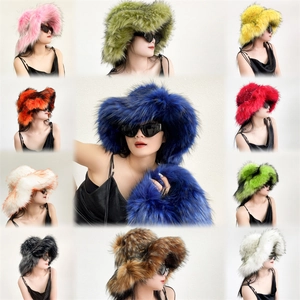 Oversized Faux Fur Bucket Hat Fluffy Shaggy Winter Warm Punk Style Plush Thick Faux Fox Fur Hat For Women