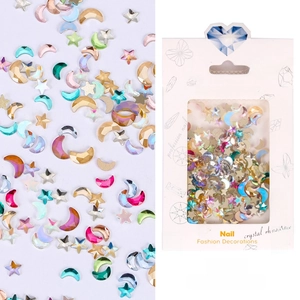 Macro shot of colorful star and moon crystal rhinestones for nail art decorations