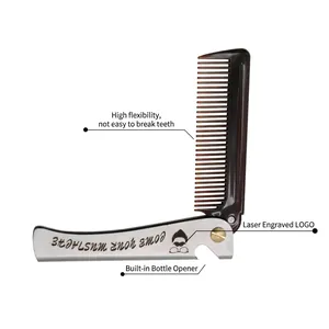 Folding stainless steel pocket comb with flexible teeth and integrated bottle opener