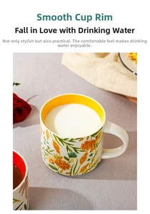 Close-up of floral ceramic mug with yellow glazed interior and smooth rounded rim