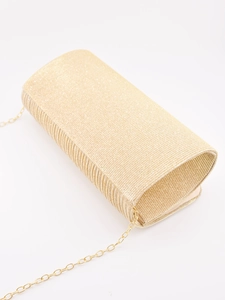 Open view of gold glitter pleated clutch bag with slim metal chain shoulder strap