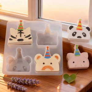 4-cavity silicone mold for animal candles with tiger panda bear and pig designs