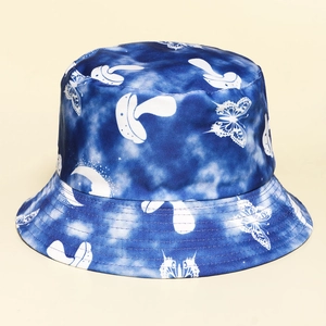 Tie-dye mushroom and butterfly print bucket hat in navy blue for women outdoor style