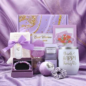 Pink Spa Gift Basket for Women with Insulated Tumbler, Candle, and Bath Set in Purple Box