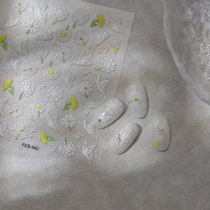 5D embossed nail stickers featuring white butterflies and dandelion floral patterns