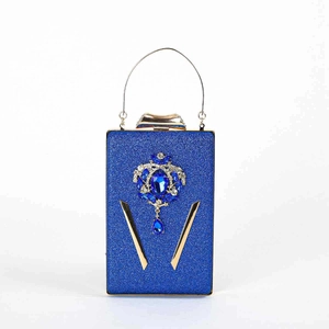 Donkerblauwe avondtas met pailletten, goudkleurig frame en kristallen strass-steen