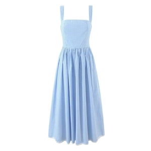 Blue gingham check camisole dress with square neck and white lace hem details