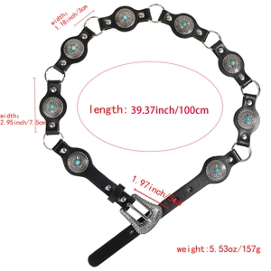 Retro Bohemian black leather belt with turquoise buckle and product size annotations