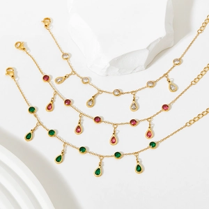 Bracelets de cheville dorés avec pendentifs zircon en forme de goutte d'eau rose et verte