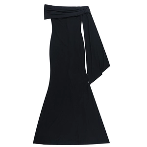Flat lay of a black off-shoulder slim-fit evening maxi dress with an elegant side drape