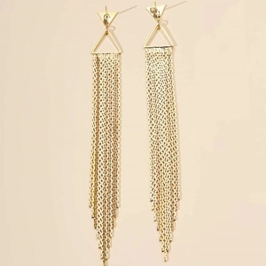 Elegant gold long tassel drop earrings with geometric triangle design for formal evening wear