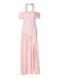 Elegant pink off-shoulder halter maxi dress with high side slit and sleek slim fit silhouette