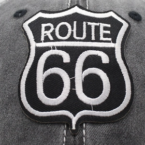 Men's outdoor adjustable baseball cap with Route 66 embroidered patch on grey washed cotton