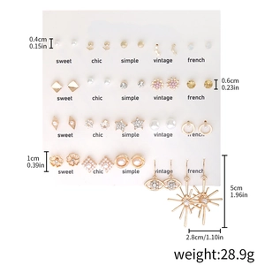 Detailed view of 20-pair earring set with pearls and rhinestones showing exact dimensions