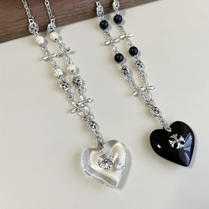 Gothic cross heart pendant necklace with marble beads and crystal stone accents