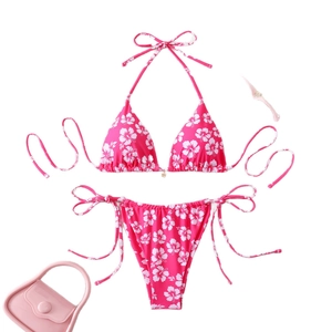 Pink hibiscus floral high waist bikini set with halter top and side tie bottoms