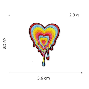 Detailed view of melting heart embroidery patch with size measurements 7.8cm by 5.6cm