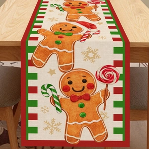 Chemin de table de Noël en lin avec motifs bonhommes de pain d'épice et cannes de sucre