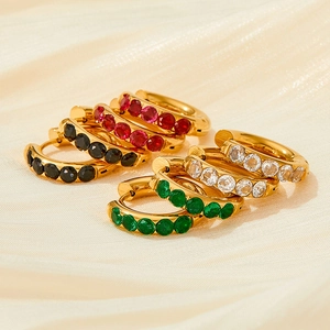Elegant gold stainless steel hoop earrings with green, red, and black round cubic zirconia