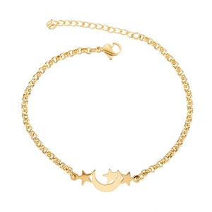 Minimalist gold star and moon pendant bracelet with adjustable link chain for women