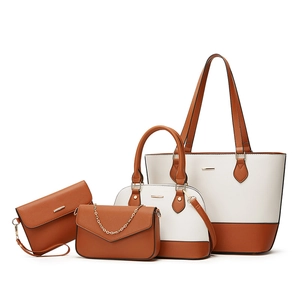 Brown and white four-piece women's tote bag set in premium cross-grain leather