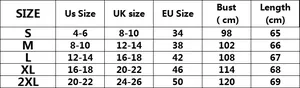 Detailed size chart for women's drawstring jacket showing US, UK, EU sizes and measurements
