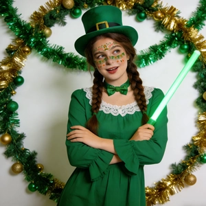 St. Patrick's Day costume set with green dress, hat, and clover face tattoo stickers