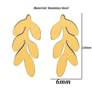 Detailed view of golden stainless steel leaf earrings with 13mm by 6mm dimensions