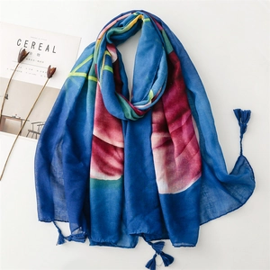 Vintage Chinese Style Floral Scarf Shawl With Tassels Artistic Polyester Voile Sun Protection Lightweight Wrap For Women