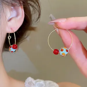 Hoop Earrings Gold Alloy Round Resin Ball Polka Dot Pendant Red Blue Beads Bohemian Chic Style For Women Jewelry