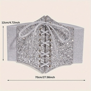 Detail of silver glitter corset belt showing 12cm width and lace-up front design