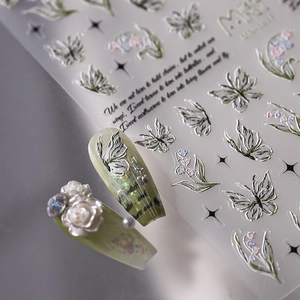 3D silver embossed butterfly and lily of the valley nail art stickers with metallic texture
