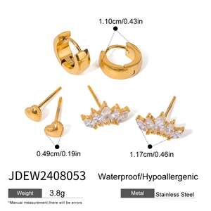 Three pairs of gold stainless steel hoop earrings and heart crown zircon studs set