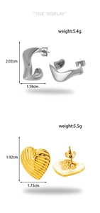 Detailed size and weight specs for silver C-shape and gold heart-shaped earrings