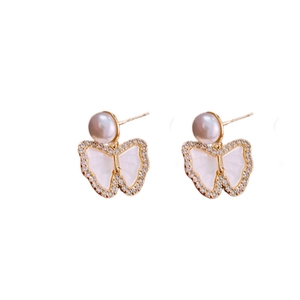 Elegant gold butterfly pearl earrings with zircon stones and mother of pearl wings