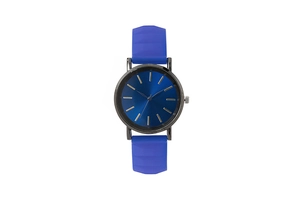 Detail showing blue sunray dial and wavy textured silicone strap of the watch