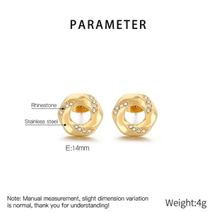 Detailed view of 14mm 18K gold-plated hexagonal earrings with sparkling rhinestones