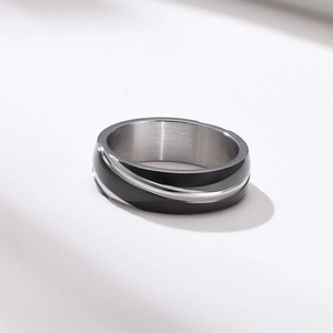 Detail of dual-tone titanium steel ring with black polished and silver brushed finish