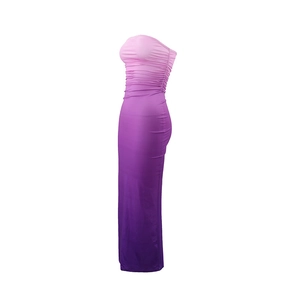 Detail of ruched strapless midi dress showing the purple gradient effect and slimming pleats
