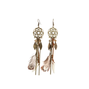 Macro detail of Bohemian feather earrings with bronze alloy leaves and white pendants