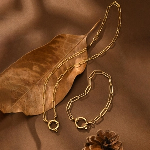 Golden stainless steel paperclip chain necklace and bracelet set with round spring clasps