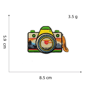 Detailed view of yellow vintage camera embroidery patch showing dimensions 8.5x5.9cm