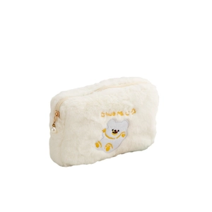 White plush cosmetic bag featuring cute bear embroidery and elegant pearl zipper pull